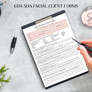 Formulaire d'admission au gua sha pour le visage, consentement éclairé du gua sha pour le visage, consentement du gua sha pour le visage, carte de soins pour le gua sha, schéma de l'outil guasha