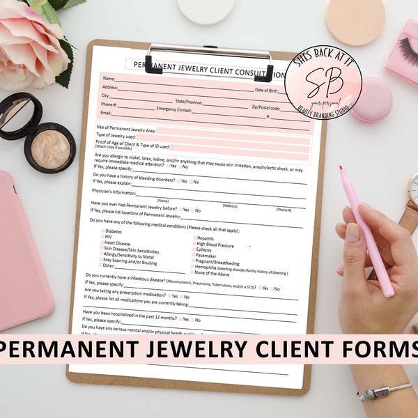 Formulaire de consentement permanent aux bijoux, modèle de renonciation aux bijoux permanents modifiables, admission des clients, suivi, carte de soins des bijoux, directives de garantie