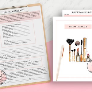 Può includere: Un contratto di matrimonio e un grafico di consultazione stampabili con uno schema di colori rosa e bianco. Il contratto include una sezione per i servizi della festa nuziale, i viaggi e i servizi di trucco. Il grafico di consultazione ha una sezione per il nome completo della sposa e la data.