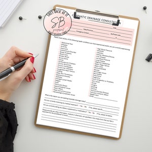 Könnte beinhalten: Ein weißes und rosa Lymphdrainage-Konsultationsformular mit einer Checkliste von Gesundheitszuständen. Das Formular enthält Abschnitte für persönliche Daten, Krankengeschichte und aktuelle Behandlungen.