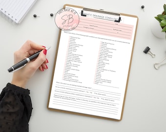 May include: A white and pink lymphatic drainage consultation form with a checklist of health conditions. The form includes sections for personal information, medical history, and current treatments.