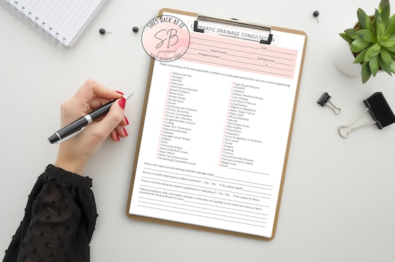 Manual Lymphatic Drainage Massage Intake Form, Lymphatic Drainage Consultation Form, Lymphatic Drainage Consent Form, Manual Lymphatic Drain