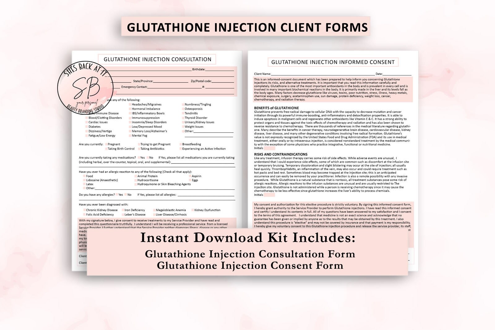 Glutathione Injection Consent Forms, Glutathione Shot Informed Consent, Glutathione  Consent Form, Gluta Injection Consent, Esthetician Forms