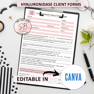 Op de afbeelding: Een roze en wit consultformulier voor Hyaluronidase-behandelingen. Het formulier bevat vragen over allergieën, medische geschiedenis en huidige medicijnen. Het formulier is bewerkbaar in Canva.