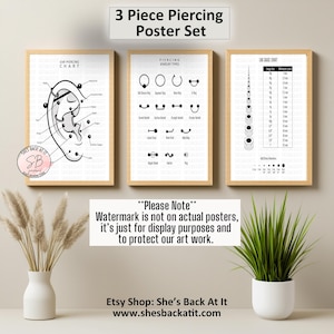 Piercing Chart Poster Set Printable, Piercing Jewelry Types, Ear Gauge Chart, Piercing Guide, Tattoo Studio Decor, Body Piercing Wall Art