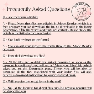 K&ouml;nnte beinhalten: Eine rosa und wei&szlig;e Grafik mit dem Text "Frequently Asked Questions" und einer Liste von Fragen und Antworten zu herunterladbaren Formularen. Die Antworten erkl&auml;ren, wie man die Formulare in Adobe Reader bearbeitet, ein Logo hinzuf&uuml;gt und die Dateien herunterl&auml;dt.