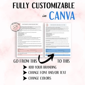 May include: A graphic showing how to customize a photography and video release form using Canva. The image shows two versions of the form, one with a generic design and the other with a more polished design. The text "Go from this to this" is included in the image.