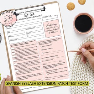 May include: A clipboard with a Spanish eyelash extension patch test form, a pink mug of coffee, and a pen. The form includes text and spaces for client information. The words "SPANISH EYELASH EXTENSION PATCH TEST FORM" are at the bottom.