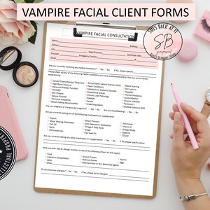 May include: A clipboard with a pink and white "Vampire Facial Consultation" form, surrounded by beauty products and accessories. The form includes medical history questions. The image also includes a pink phone, a watch, and makeup.