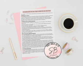 May include: A document with the title "Información de Blanqueamiento de Dientes" in Spanish, with information about teeth whitening procedures. The document is on a white surface with a pink background, a cup of coffee, a pen, and paper clips.
