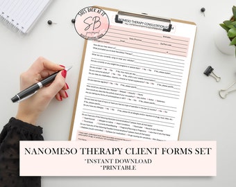 May include: A pink and white printable Nanomeso Therapy Client Forms Set with the text "INSTANT DOWNLOAD" and "PRINTABLE" on the bottom. The form includes a consultation form with questions about the client's health and lifestyle.