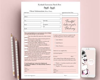 Puede incluir: Un formulario de prueba de parche de extensión de pestañas rosa y blanco con una sección para la información del cliente, una lista de verificación de los productos utilizados y una sección para la firma y la fecha del cliente. El formulario también incluye el texto "Las pestañas hermosas son solo un parpadeo de distancia".