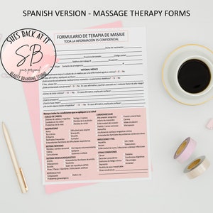 May include: A Spanish-language massage therapy form with pink accents, a cup of coffee, and stationery. The form includes sections for personal and medical history. The image also features a pen, paper clips, and decorative tape rolls.