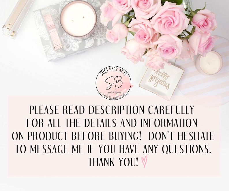 May include: A pink and white striped background with a white tray that says "hello gorgeous" in black script.  There is a pink candle and a pink rose bouquet in the background.  The text "PLEASE READ DESCRIPTION CAREFULLY FOR ALL THE DETAILS AND INFORMATION ON PRODUCT BEFORE BUYING! DON'T HESITATE TO MESSAGE ME IF YOU HAVE ANY QUESTIONS. THANK YOU!" is written in black on a pink background.
