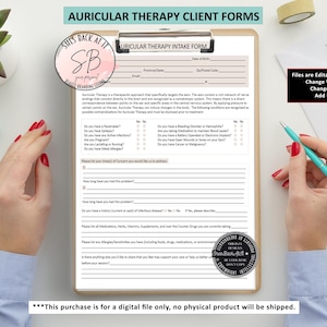 May include: A clipboard with an Auricular Therapy Intake Form, with text and checkboxes. The form is on a wooden clipboard, with a pen and other items on the white surface. The text reads "Files are Editable in Adobe Change Wording Change Font Add Logo".