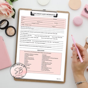 May include: A pink and white client intake form for microcurrent facials. The form includes sections for personal information, medical history, and allergies. The form is on a clipboard with a pink pen.