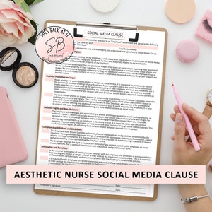 Może przedstawiać: Różowy i brązowy dokument z tytułem "Aesthetic Nurse Social Media Clause" i sekcją zatytułowaną "Social Media Clause". Dokument zawiera listę zasad i wytycznych dla pracowników dotyczących korzystania z mediów społecznościowych.