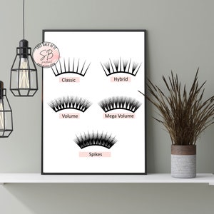 Décoration de la salle des cils, classique, hybride, volume, méga-volume, pic, poster imprimable style cils, cils à imprimer, déco esthéticienne, salon de beauté