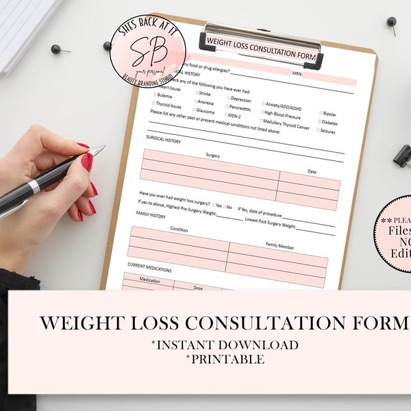 Weight Loss Consultation Form,  Weight Loss Intake Form,  Weight Loss Contract Template, Client Intake Weight Loss Contract, Weight Loss