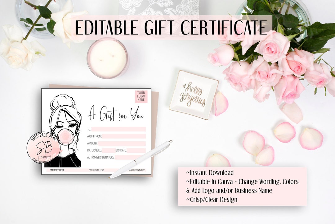 Pink Beauty Gift Certificate Editable Template, Lashes Brows Gift Card ...