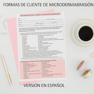 Formulaires client de microdermabrasion en espagnol, formulaire de consentement de l'esthéticienne, formulaire de consultation en salon de beauté, instructions de pré-soins et de soins ultérieurs