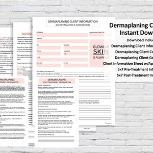 Puede incluir: Un conjunto de formularios imprimibles para clientes de dermaplaning. Los formularios incluyen informaci&oacute;n del cliente, consentimiento, pretratamiento y postratamiento. Los formularios est&aacute;n dise&ntilde;ados con un esquema de color rosa y blanco y presentan el texto "Glowing Skin is Always In".