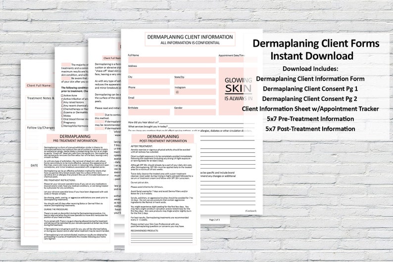 Puede incluir: Un conjunto de formularios imprimibles para clientes de dermaplaning. Los formularios incluyen informaci&oacute;n del cliente, consentimiento, pretratamiento y postratamiento. Los formularios est&aacute;n dise&ntilde;ados con un esquema de color rosa y blanco y presentan el texto "Glowing Skin is Always In".