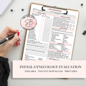 May include: A printable initial gynecology evaluation form with a pink and black color scheme. The form includes sections for medical history, menstrual period, birth control, pregnancies, menopause, and family history. The text "INITIAL GYNECOLOGY EVALUATION" is printed at the bottom of the form.