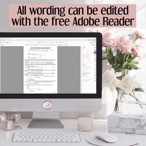 K&ouml;nnte beinhalten: Ein Computerbildschirm zeigt ein Dokument mit dem Titel "Salon Motivation Guide Agreement" mit einem Kalender und anderen Werkzeugen in der Seitenleiste an. Der Text "All wording can be edited with the free Adobe Reader" wird &uuml;ber dem Computerbildschirm angezeigt.