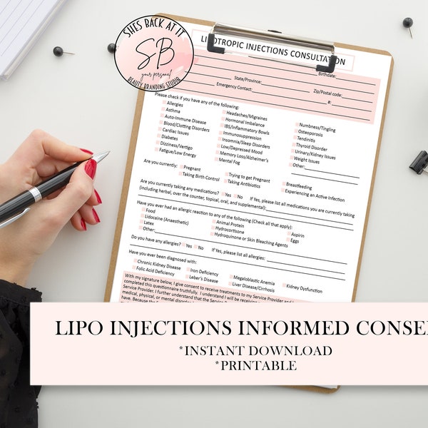 Lipotropic Consent Forms, Lipo Mino Shot Informed Consent, Lipotropic Consent Form, Lipo Injection Informed Consent, Esthetician Forms