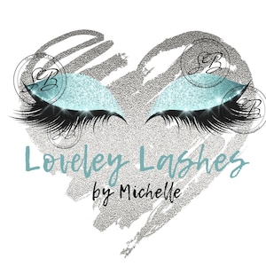 Puede incluir: Un corazón de purpurina plateada con dos ojos de purpurina azul y largas pestañas negras. El texto "Loveley Lashes by Michelle" está escrito debajo de los ojos.