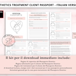 Può includere: Passaporto cliente per trattamenti estetici in italiano. Il design presenta un disegno a forma di cuore di due volti. Il kit include una copertina, una pagina informativa per il cliente, una pagina dei trattamenti e istruzioni post-trattamento.