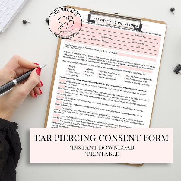 Ear Piercing Consent Form,  Ear Piercing Release of Liability, Ear Piercing Form, Piercing Forms, Ear Piercing Consultation, Ear Piercing