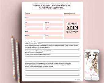 Formulários para clientes de dermaplaning, formulários faciais, formulários de consentimento para esteticista, formulário de informações do cliente, formulário de anamnese, formulário de consulta de cuidados com a pele