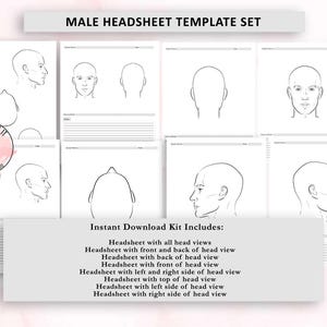 Pode incluir: Um conjunto de modelos de folhas de rosto masculinas com várias vistas, incluindo perfis frontal, posterior e lateral. O texto "MALE HEADSHEET TEMPLATE SET" está no topo. O kit inclui diferentes vistas da cabeça. A imagem também contém o texto "SHES BACK AT IT" e "SB".