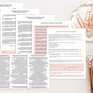 May include: A set of pink and white forms with headings such as "Client Medical History Form", "Permanent Makeup Consent Form", "Possible Risks, Hazards or Complications", and "Photograph & Video Release Form". The forms are on a white surface with rose gold paper clips and a rose gold pen.