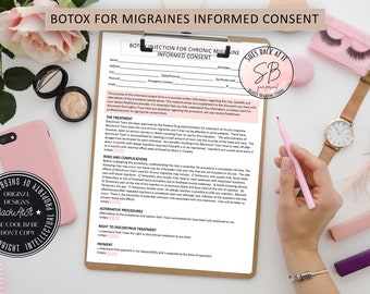 May include: A close-up of a white clipboard with a black border, containing a form titled "Botox for Migraines Informed Consent". The form includes sections for patient information, treatment details, risks and complications, alternative procedures, and the right to discontinue treatment. The clipboard is on a white surface with pink and white decorative items.