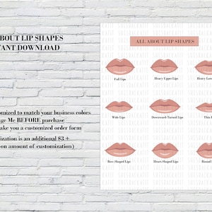 Tabela de formatos de lábios, guia de treinamento para blush labial, formatos de lábios de maquiadores, imprimíveis para lábios, formulários PMU, treinamento para preenchimento labial, impressão de injeção labial