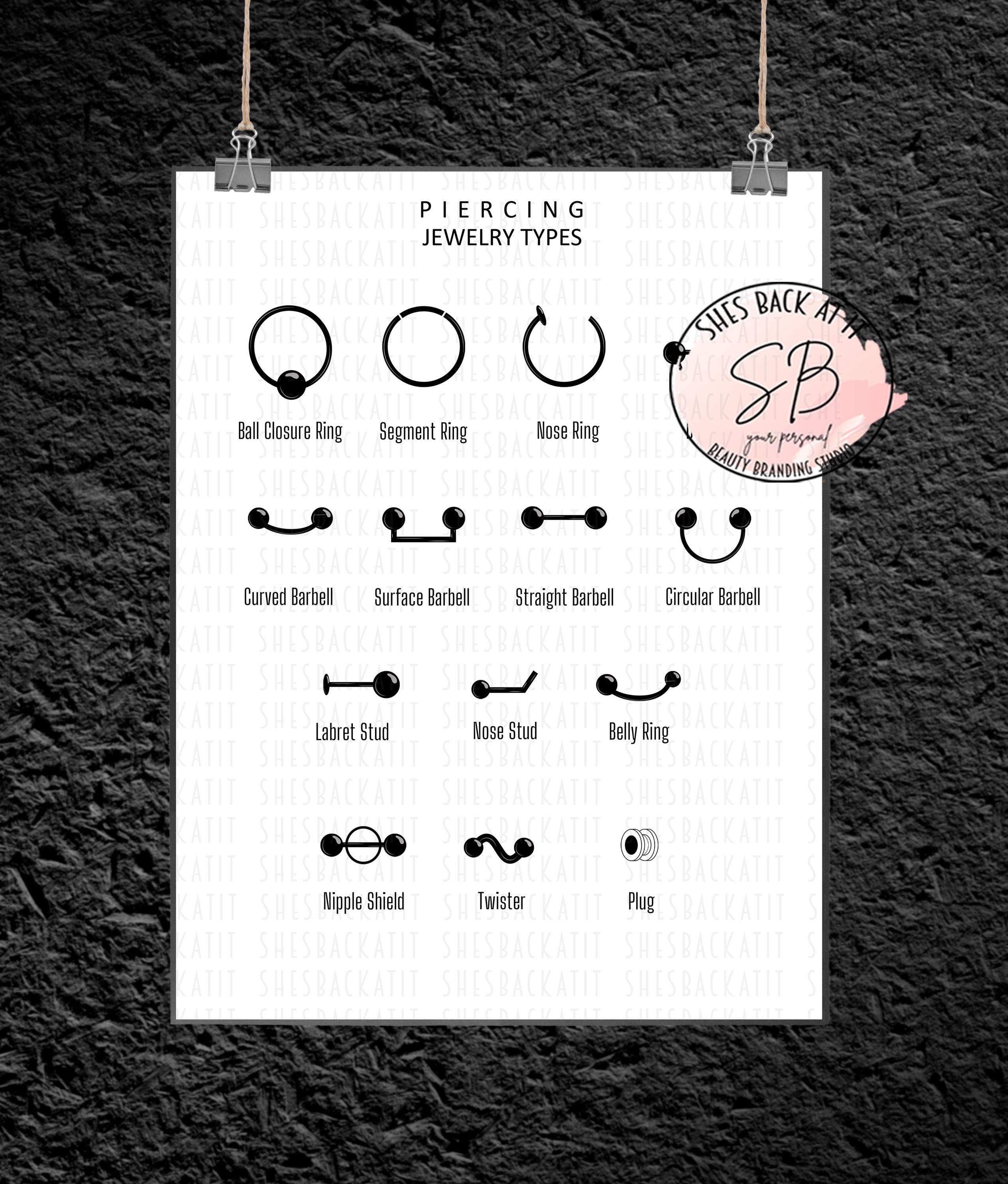 Piercing Format Piercing Chart Poster Set Printable, Piercing Jewelry Types, Ear Gauge ...