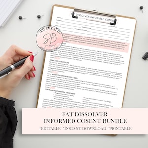 Puede incluir: Un formulario de consentimiento informado imprimible en rosa y blanco para tratamientos de disolución de grasa. El formulario incluye el título "Fat Dissolver Informed Consent Bundle" y el texto "Editable Instant Download Printable".