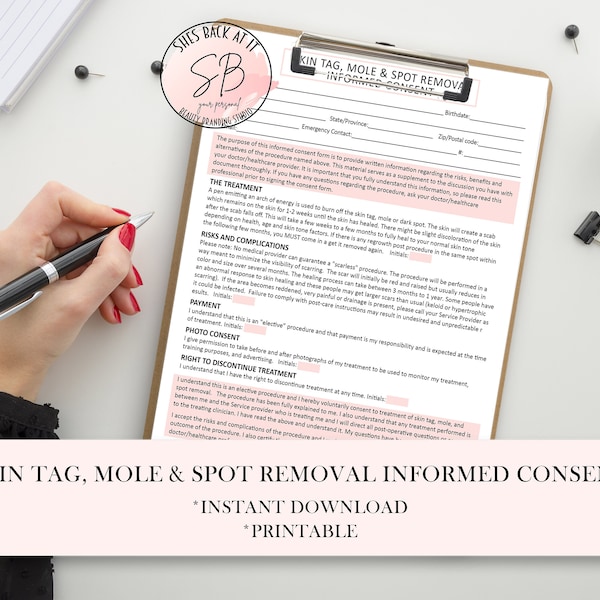 Skin Tag Removal Consent Form, Mole Removal Consent Form, Spot Removal Consent Form,  Dermatology Form, Esthetician Forms, Skin care Forms