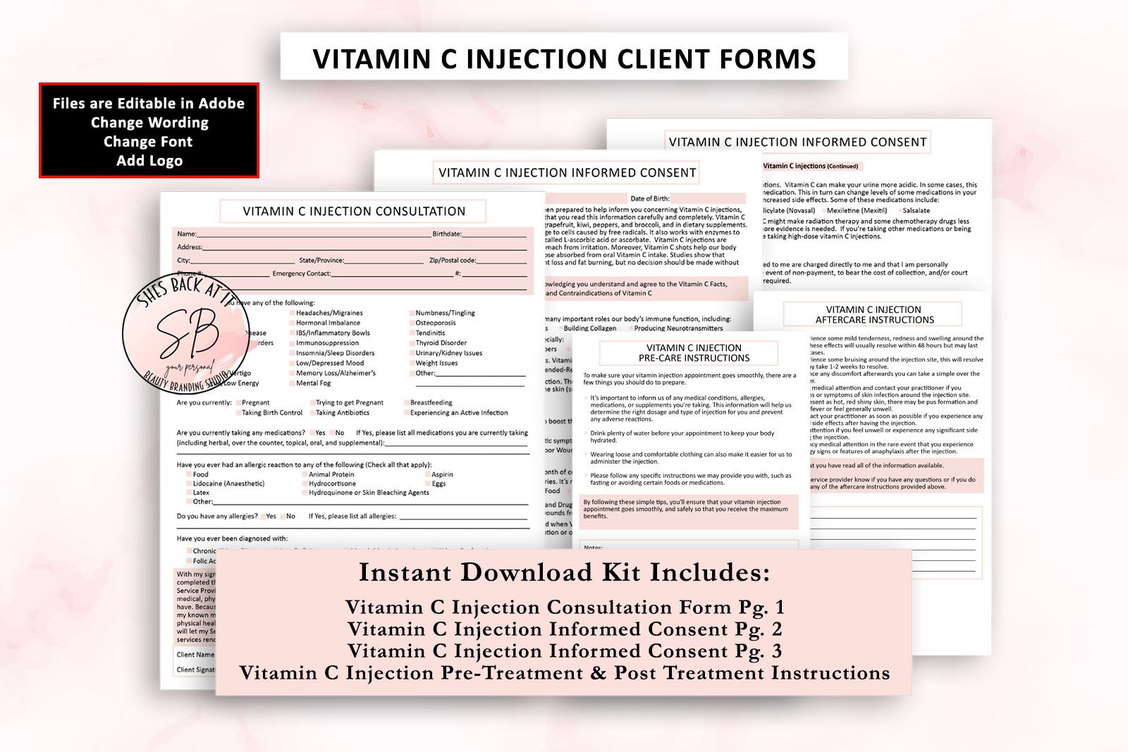 Vitamin C Injection Intake, Client Forms Bundle, Medspa Forms ...