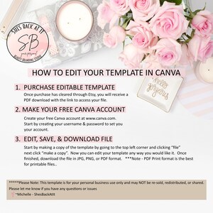 Puede incluir: Un arreglo floral rosa y blanco con una vela blanca y un peque&ntilde;o plato blanco con el texto "Hello Gorgeous" sobre una superficie a rayas rosa y blanca. El texto "HOW TO EDIT YOUR TEMPLATE IN CANVA" est&aacute; en la parte superior de la imagen. El texto a continuaci&oacute;n explica c&oacute;mo comprar, editar y descargar una plantilla.