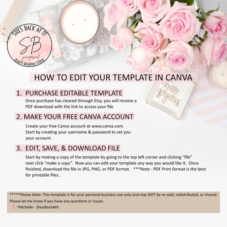 Puede incluir: Un arreglo floral rosa y blanco con una vela blanca y un peque&ntilde;o plato blanco con el texto "Hello Gorgeous" sobre una superficie a rayas rosa y blanca. El texto "HOW TO EDIT YOUR TEMPLATE IN CANVA" est&aacute; en la parte superior de la imagen. El texto a continuaci&oacute;n explica c&oacute;mo comprar, editar y descargar una plantilla.