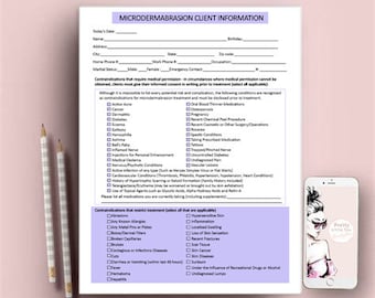 May include: A purple and white microdermabrasion client information form with a checklist of contraindications. The form includes fields for the client's name, address, phone number, and birthday. The form also includes a section for the client to list any medications they are currently taking.
