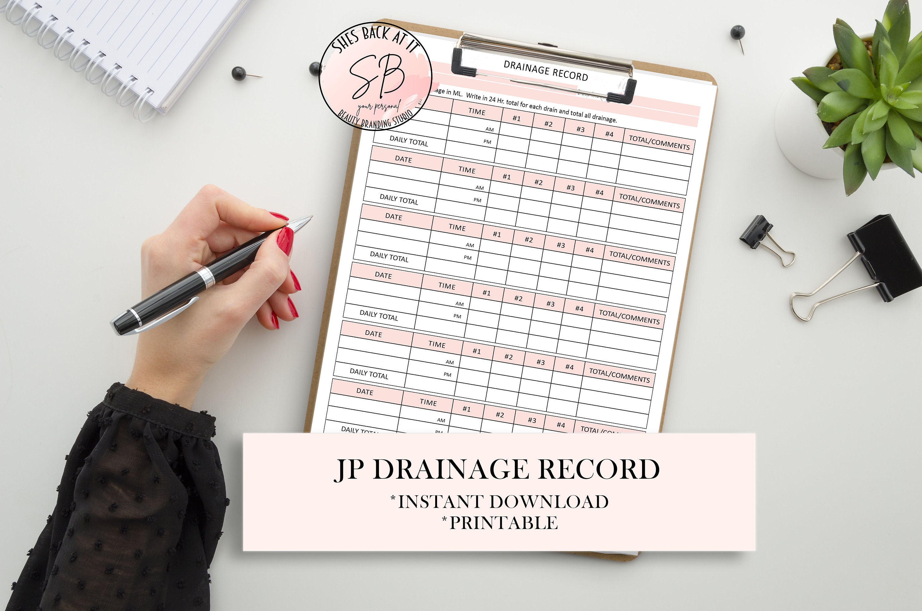 JP Drainage Record Form, Drain Record Sheet, Post Masectomy Drain Care, JP Drain Record,  Med Spa Forms, Esthetician Forms, Record Forms