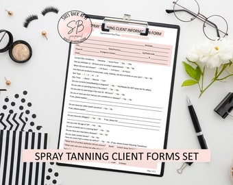 May include: A black and white spray tanning client information form with a pink header that says "Spray Tanning Client Information Form". The form includes questions about skin conditions, allergies, and other health information.