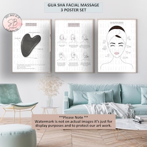 Juego de 3 carteles de arte para masajes con gua sha, cuadro de referencia para masajes faciales, herramienta gua sha, póster de tratamiento facial, decoración de salón y spa, guasha de cuarzo