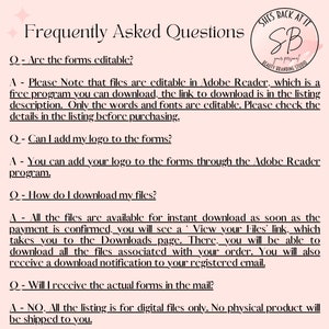 Pode incluir: Um gr&aacute;fico rosa e branco com o texto "Frequently Asked Questions" e uma lista de perguntas e respostas sobre formul&aacute;rios para download. As respostas explicam como editar os formul&aacute;rios no Adobe Reader, adicionar um logotipo e baixar os arquivos.