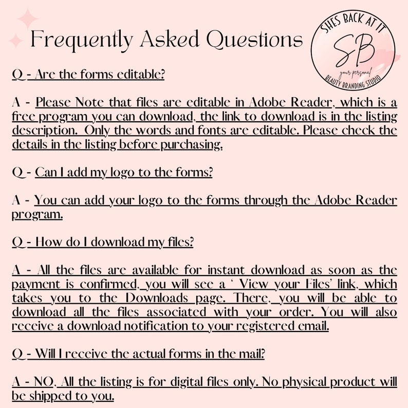 Pode incluir: Um gr&aacute;fico rosa e branco com o texto "Frequently Asked Questions" e uma lista de perguntas e respostas sobre formul&aacute;rios para download. As respostas explicam como editar os formul&aacute;rios no Adobe Reader, adicionar um logotipo e baixar os arquivos.